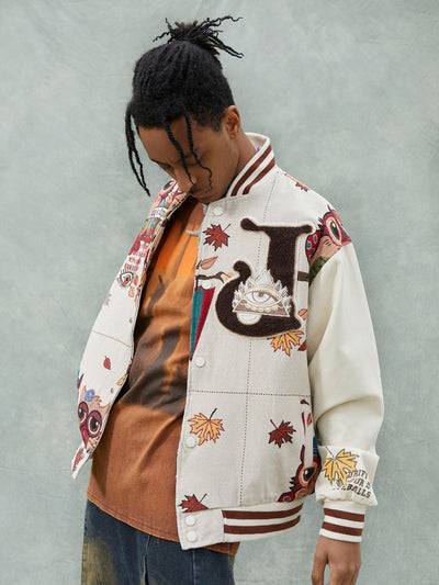 VARSITY JACKET WITH PATTERNED DESIGN IN COTTON LINEN BLEND