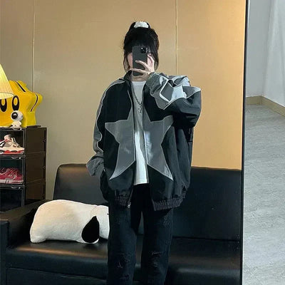 VINTAGE STAR BOMBER JACKET IN BLACK AND GRAY