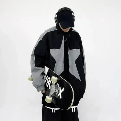 VINTAGE STAR BOMBER JACKET IN BLACK AND GRAY