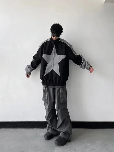 VINTAGE STAR BOMBER JACKET IN BLACK AND GRAY