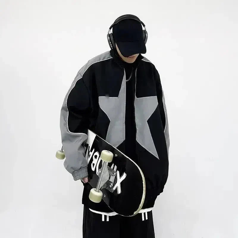 VINTAGE STAR BOMBER JACKET IN BLACK AND GRAY
