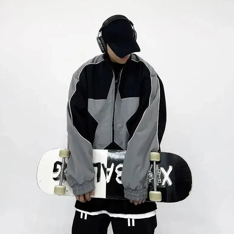 VINTAGE STAR BOMBER JACKET IN BLACK AND GRAY