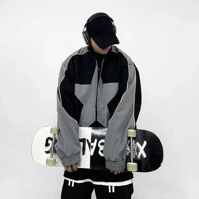 VINTAGE STAR BOMBER JACKET IN BLACK AND GRAY