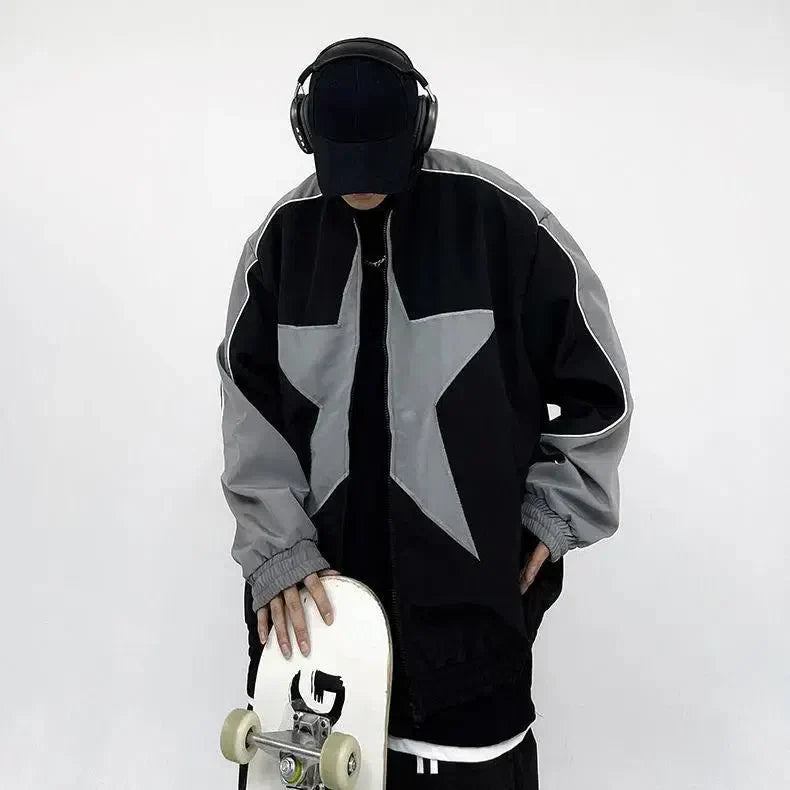 VINTAGE STAR BOMBER JACKET IN BLACK AND GRAY