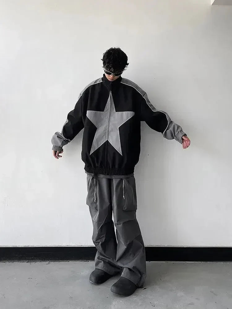 VINTAGE STAR BOMBER JACKET IN BLACK AND GRAY