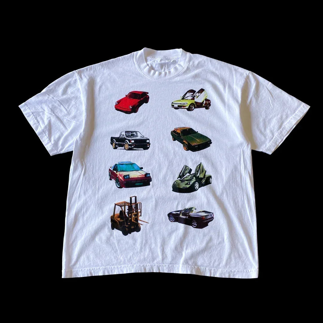 WHITE CAR GRAPHIC T-SHIRT Y2K COTTON STREETWEAR