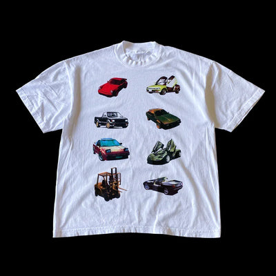 WHITE CAR GRAPHIC T-SHIRT Y2K COTTON STREETWEAR