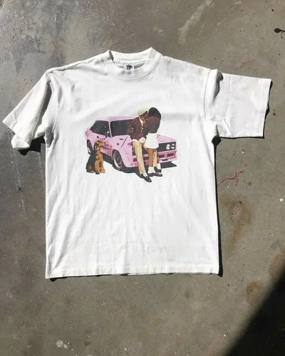 WHITE CAR GRAPHIC T-SHIRT Y2K COTTON STREETWEAR