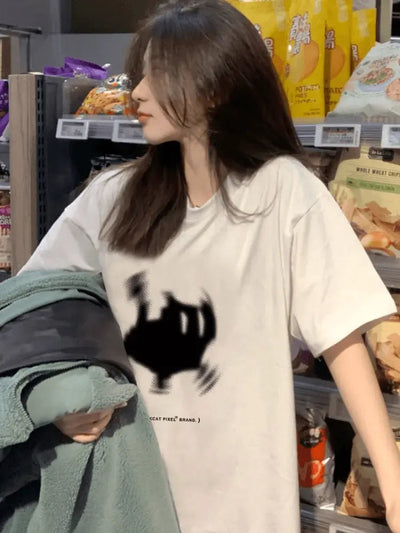 WHITE CROWN DESIGN CAT STREETWEAR T-SHIRT