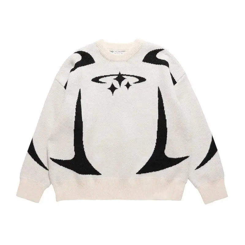 WHITE KNIT GRAPHIC PULLOVER SWEATER UNISEX PULLOVER