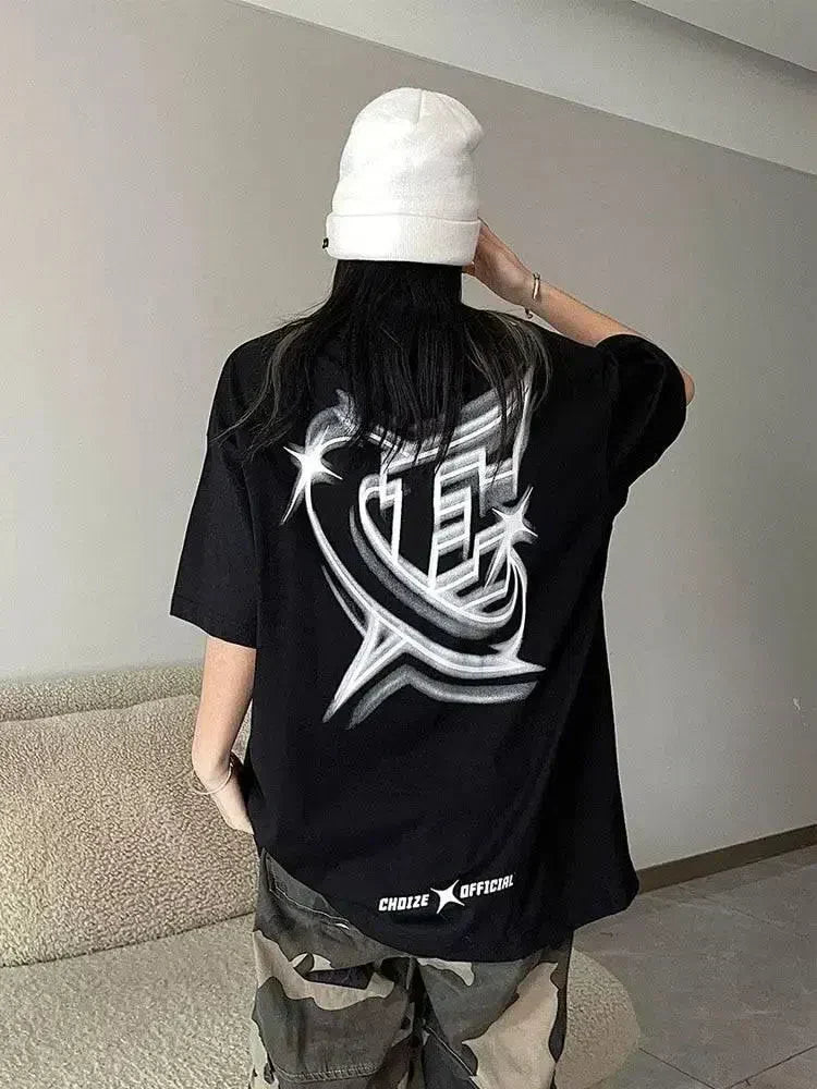 WHITE OVERSIZED COTTON T-SHIRT WITH BLUE GRAPHIC