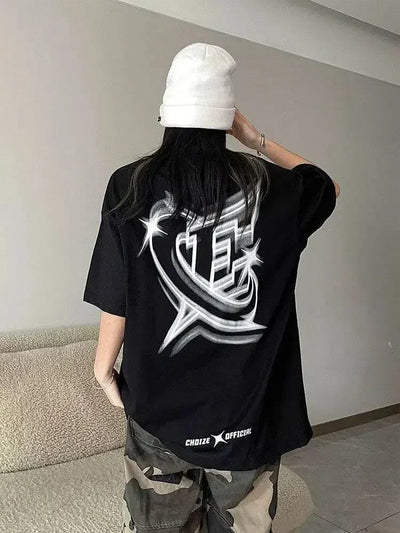 WHITE OVERSIZED COTTON T-SHIRT WITH BLUE GRAPHIC