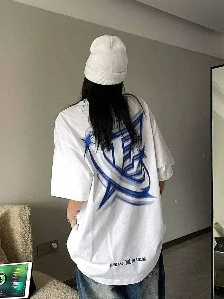 WHITE OVERSIZED COTTON T-SHIRT WITH BLUE GRAPHIC