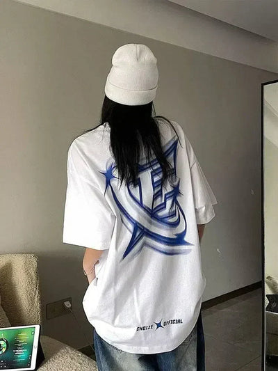 WHITE OVERSIZED COTTON T-SHIRT WITH BLUE GRAPHIC