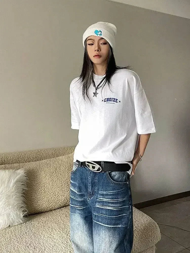 WHITE OVERSIZED COTTON T-SHIRT WITH BLUE GRAPHIC