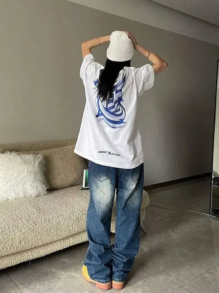 WHITE OVERSIZED COTTON T-SHIRT WITH BLUE GRAPHIC
