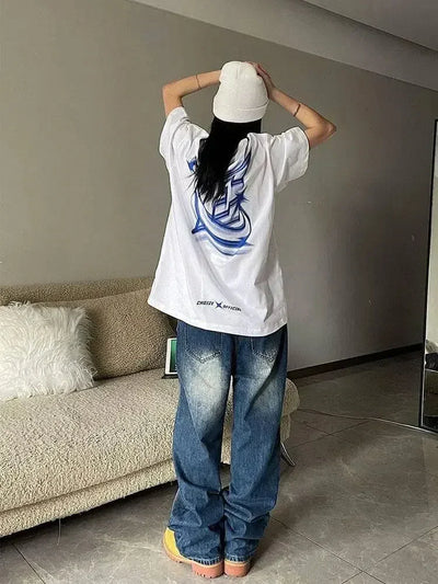 WHITE OVERSIZED COTTON T-SHIRT WITH BLUE GRAPHIC