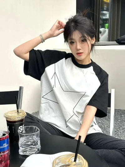 WHITE OVERSIZED STAR T-SHIRT WITH BLACK SLEEVES IN KOREAN STYLE