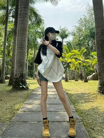 WHITE OVERSIZED STAR T-SHIRT WITH BLACK SLEEVES IN KOREAN STYLE