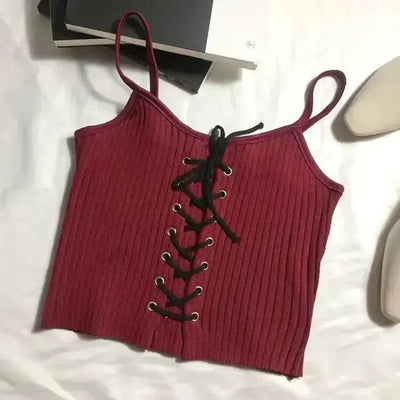 WHITE RIBBED CROP TOP WITH LACE-UP DETAIL ESSENTIAL SLEEVELESS CROP