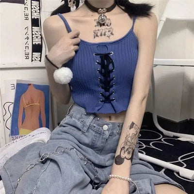 WHITE RIBBED CROP TOP WITH LACE-UP DETAIL ESSENTIAL SLEEVELESS CROP