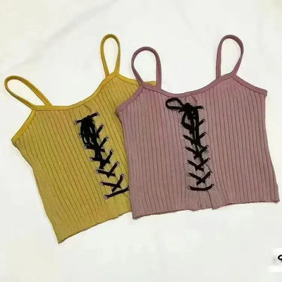 WHITE RIBBED CROP TOP WITH LACE-UP DETAIL ESSENTIAL SLEEVELESS CROP