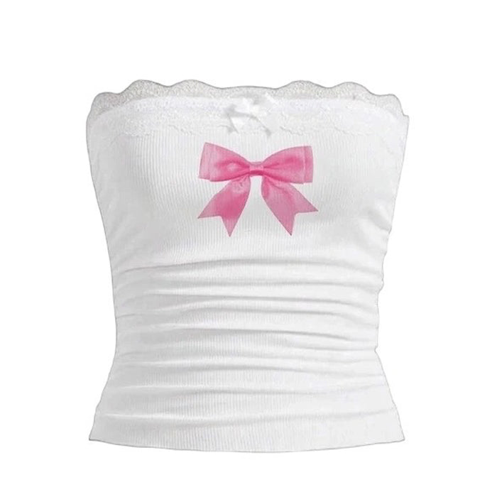 WHITE STRAPLESS TOP WITH PINK BOW FOR WOMEN