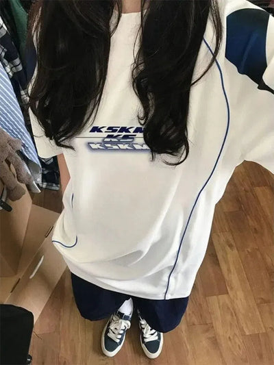 WHITE T-SHIRT WITH BLUE ACCENTS FOR KOREAN VINTAGE STREETWEAR