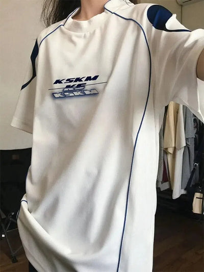 WHITE T-SHIRT WITH BLUE ACCENTS FOR KOREAN VINTAGE STREETWEAR