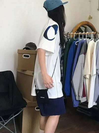 WHITE T-SHIRT WITH BLUE ACCENTS FOR KOREAN VINTAGE STREETWEAR