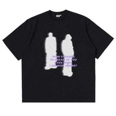 WHITE TEE SHIRT WITH BLUE FIGURES AND PINK TEXT - STYLISH TEE