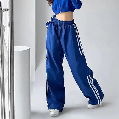 WIDE LEG CARGO PANTS BLUE WITH WHITE STRIPES