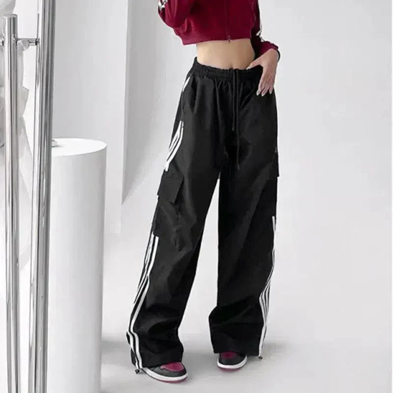 WIDE LEG CARGO PANTS BLUE WITH WHITE STRIPES