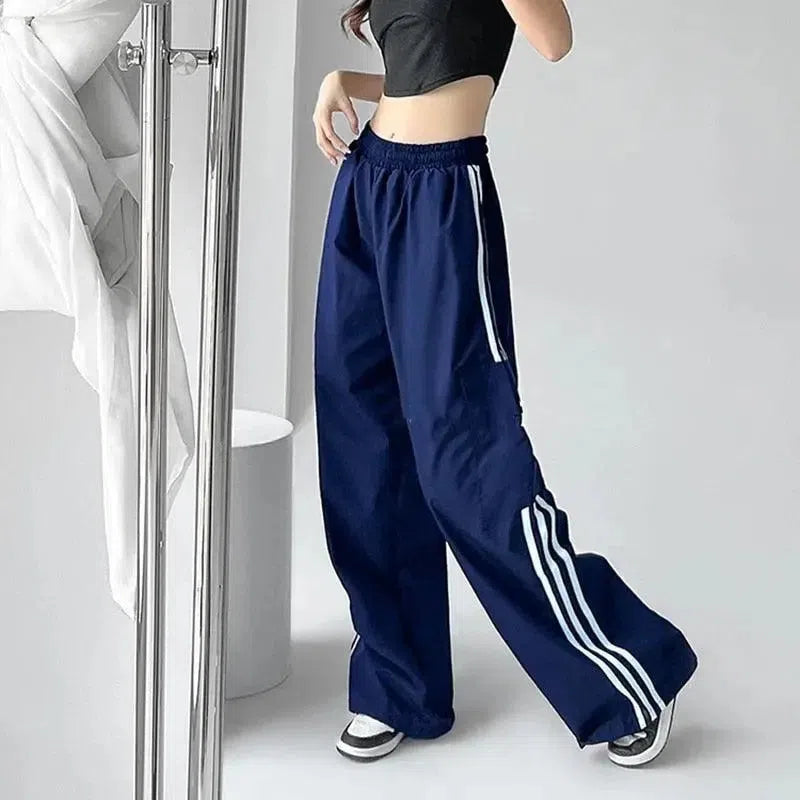 WIDE LEG CARGO PANTS BLUE WITH WHITE STRIPES