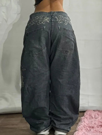 WIDE LEG EMBROIDERED JEANS RETRO HIGH STREET FASHION
