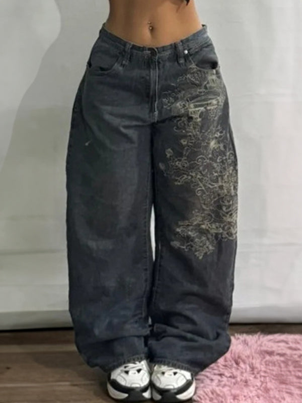 WIDE LEG EMBROIDERED JEANS RETRO HIGH STREET FASHION