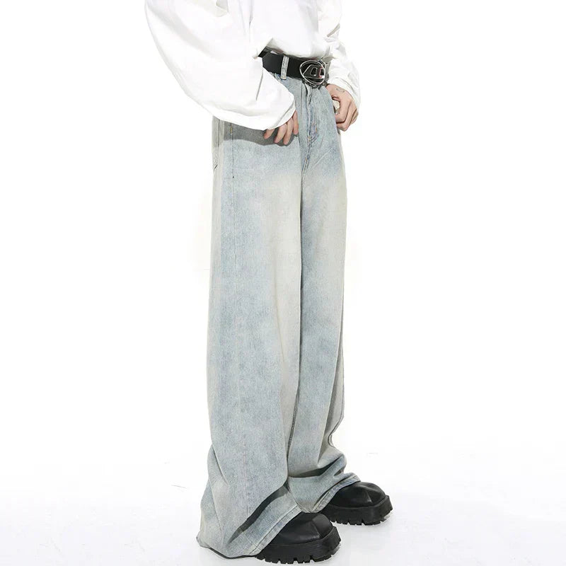 WIDE-LEG LIGHT WASH JEANS WITH BLACK BELT UNISEX LOOSE FIT