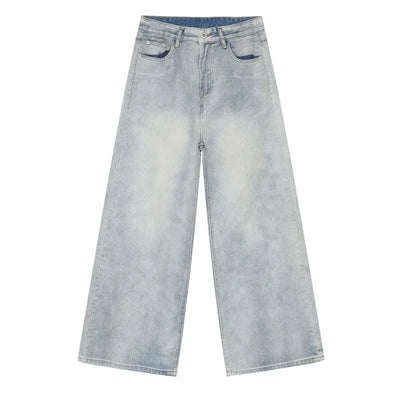 WIDE-LEG LIGHT WASH JEANS WITH BLACK BELT UNISEX LOOSE FIT