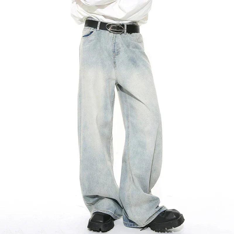 WIDE-LEG LIGHT WASH JEANS WITH BLACK BELT UNISEX LOOSE FIT