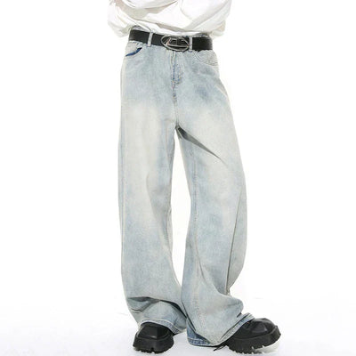 WIDE-LEG LIGHT WASH JEANS WITH BLACK BELT UNISEX LOOSE FIT