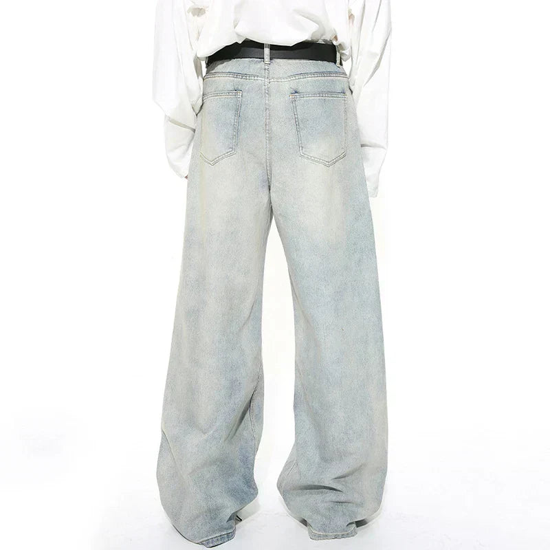 WIDE-LEG LIGHT WASH JEANS WITH BLACK BELT UNISEX LOOSE FIT