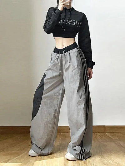 WIDE-LEG TRACK PANTS IN GRAY AND BLACK FOR Y2K WOMEN STREETWEAR
