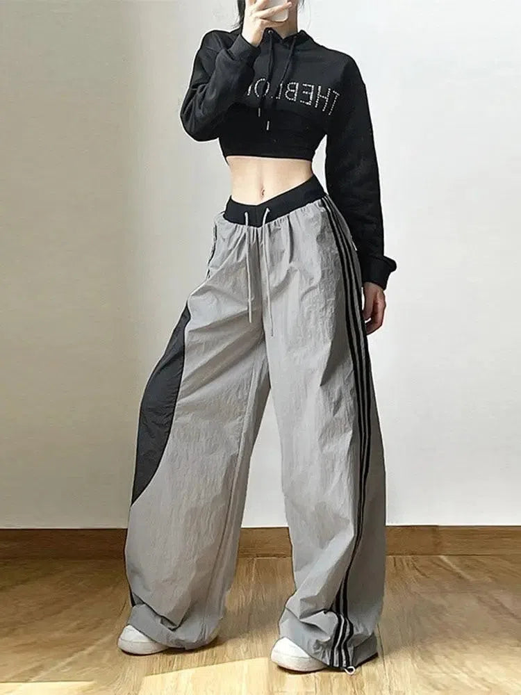 WIDE-LEG TRACK PANTS IN GRAY AND BLACK FOR Y2K WOMEN STREETWEAR
