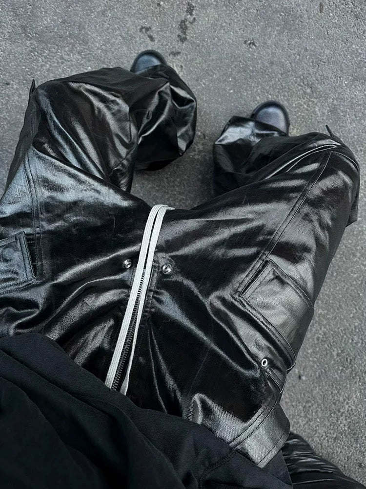 WIDE-LEGGED CARGO PANTS MATTE COATED OVERALLS
