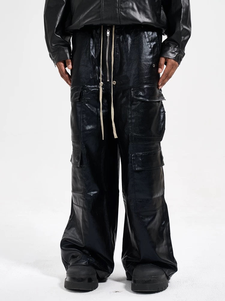 WIDE-LEGGED CARGO PANTS MATTE COATED OVERALLS