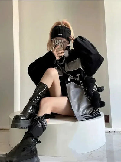 Y2K BLACK RACING JACKET WITH CHAIN AND PLUSH TOY