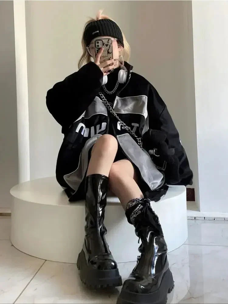 Y2K BLACK RACING JACKET WITH CHAIN AND PLUSH TOY