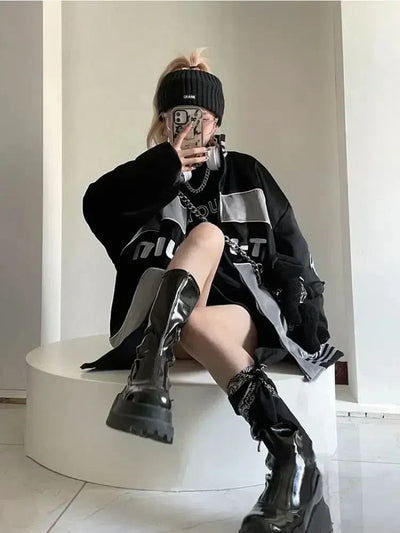 Y2K BLACK RACING JACKET WITH CHAIN AND PLUSH TOY