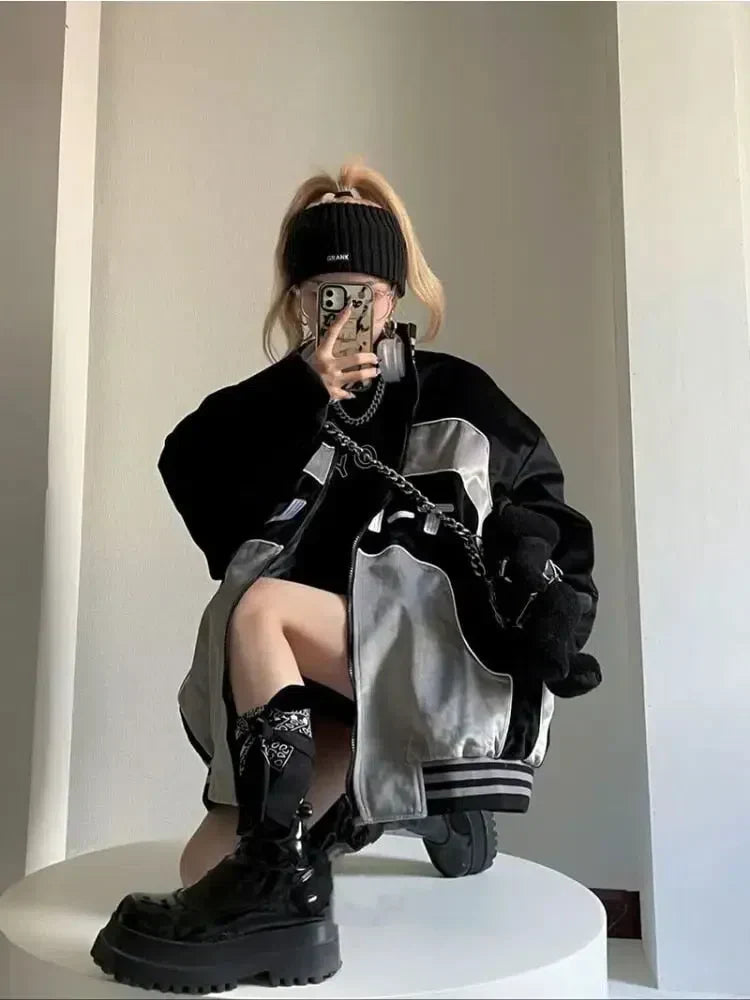Y2K BLACK RACING JACKET WITH CHAIN AND PLUSH TOY