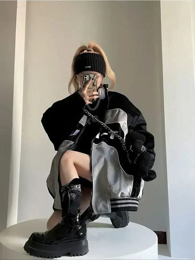 Y2K BLACK RACING JACKET WITH CHAIN AND PLUSH TOY